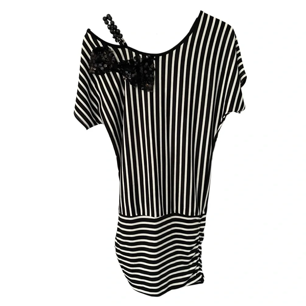 Boutique Women’s Stripes One Shoulder Ribbon Sequin Beaded Striped Sexy Dress S